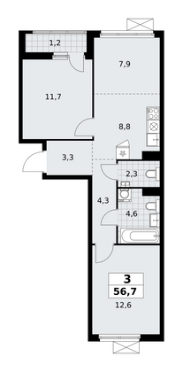 56,7 м², своб. планировка, 8/11 этаж