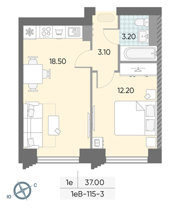 Продажа 1-комнатной квартиры 37 м², 3/58 этаж