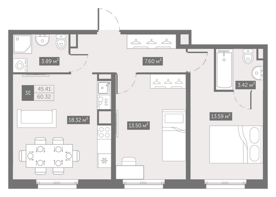 60,3 м², 2-комн. квартира, 3/14 этаж