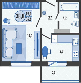 38,8 м², 1-комн. квартира, 1/16 этаж