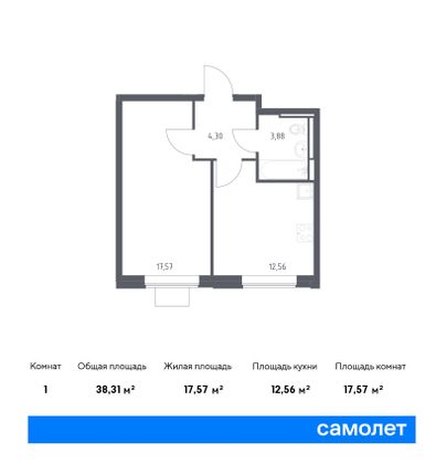 38,3 м², 1-комн. квартира, 6/17 этаж