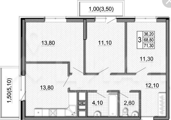 Продажа 3-комнатной квартиры 73,4 м², 10/25 этаж