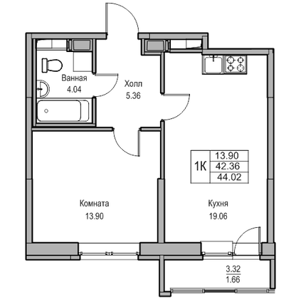 Продажа 1-комнатной квартиры 42,4 м², 4/23 этаж