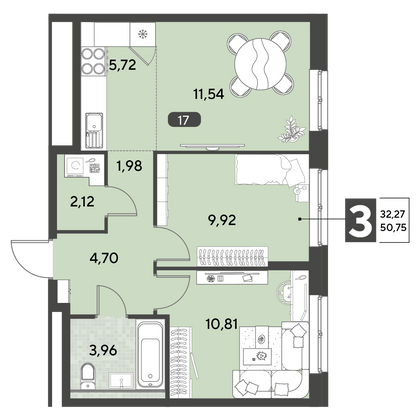 Продажа 3-комнатной квартиры 50,8 м², 4/25 этаж