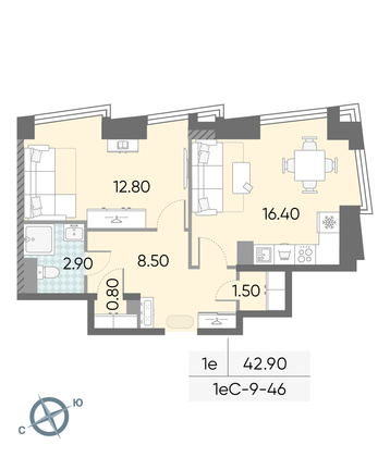Продажа 1-комнатной квартиры 42,9 м², 46/58 этаж