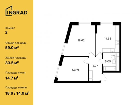 59 м², 2-комн. квартира, 30/30 этаж