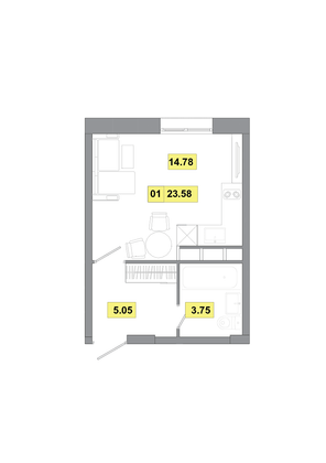 Продажа 1-комнатной квартиры 23,6 м², 1 этаж