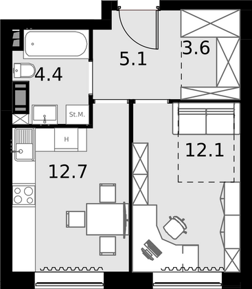 37,9 м², 1-комн. квартира, 6/28 этаж