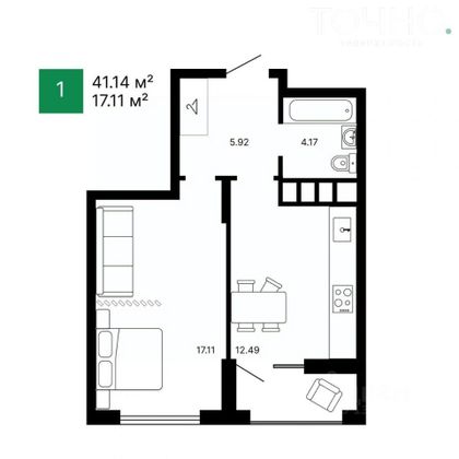 Продажа 1-комнатной квартиры 41,1 м², 11/16 этаж