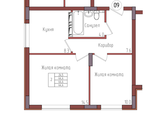 44,4 м², 2-комн. квартира, 2/9 этаж