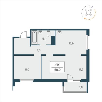 59 м², 2-комн. квартира, 16/17 этаж