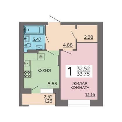 Продажа 1-комнатной квартиры 33,8 м², 20/24 этаж