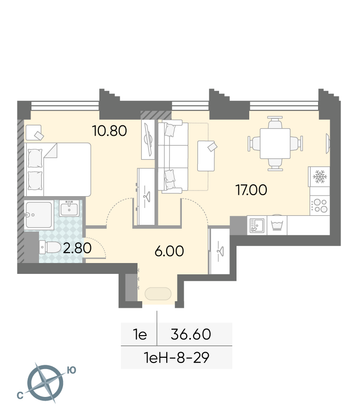 Продажа 1-комнатной квартиры 36,6 м², 29/58 этаж