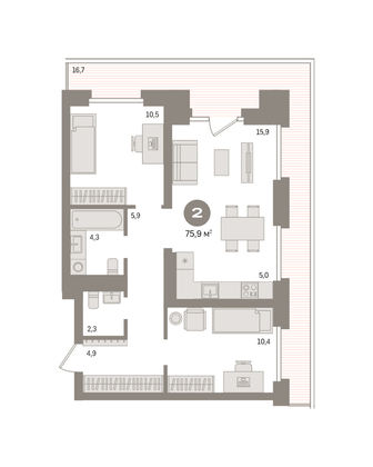 75,9 м², 2-комн. квартира, 7/9 этаж