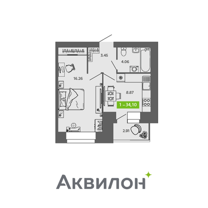 34,1 м², 1-комн. квартира, 9/9 этаж