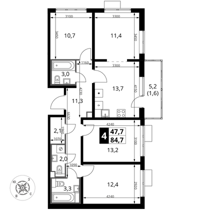 84,7 м², 4-комн. квартира, 5/22 этаж