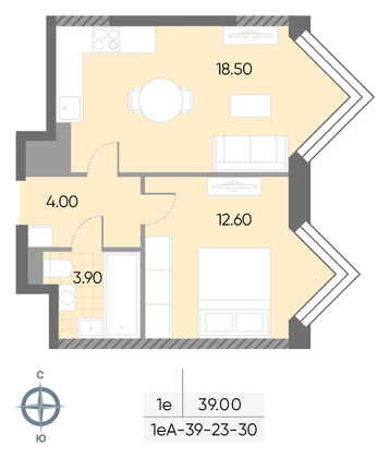 Продажа 1-комнатной квартиры 39 м², 30/30 этаж