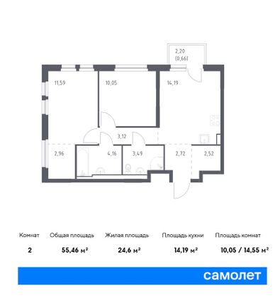 55,5 м², 2-комн. квартира, 13/15 этаж