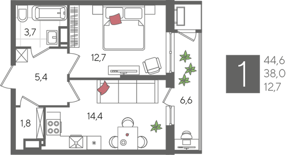 Продажа 1-комнатной квартиры 44,6 м², 22/24 этаж