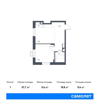 37,7 м², 1-комн. квартира, 17/17 этаж