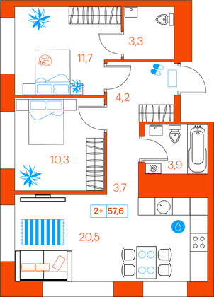 57,6 м², 2-комн. квартира, 21/21 этаж