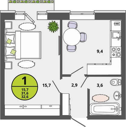 31,6 м², 1-комн. квартира, 2/3 этаж