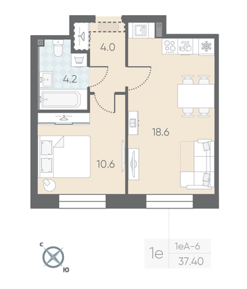 Продажа 1-комнатной квартиры 37,4 м², 2/12 этаж