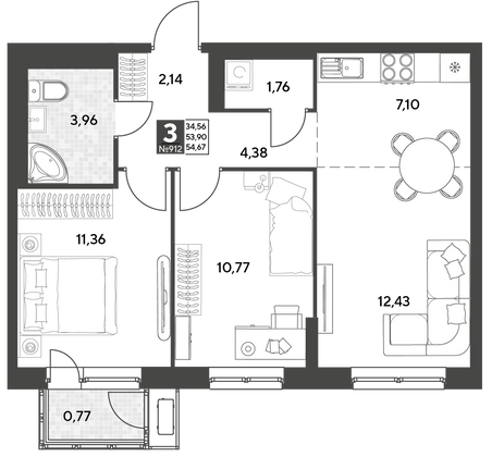 Продажа 3-комнатной квартиры 54,7 м², 25/25 этаж