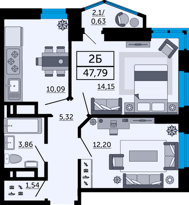 47,8 м², 2-комн. квартира, 1/26 этаж