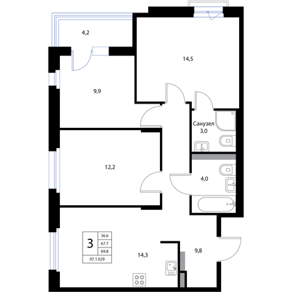 Продажа 4-комнатной квартиры 69,8 м², 3/3 этаж