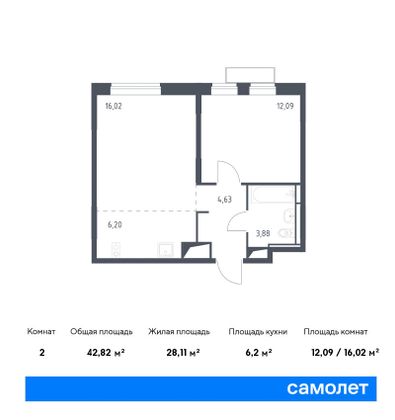 42,8 м², 1-комн. квартира, 9/10 этаж