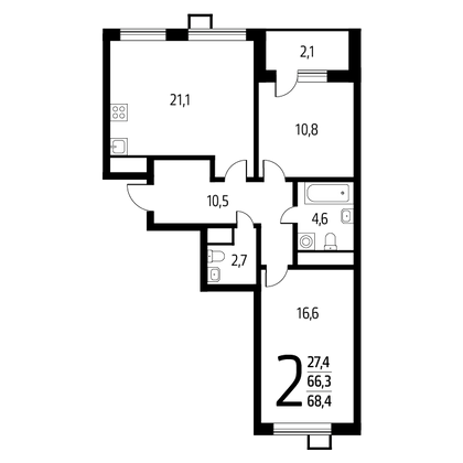 68,4 м², 2-комн. квартира, 8/8 этаж