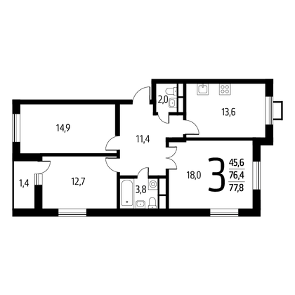 77,8 м², 3-комн. квартира, 8/9 этаж