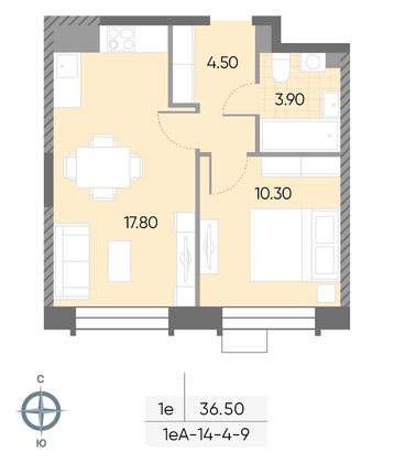 Продажа 1-комнатной квартиры 36,5 м², 7/30 этаж