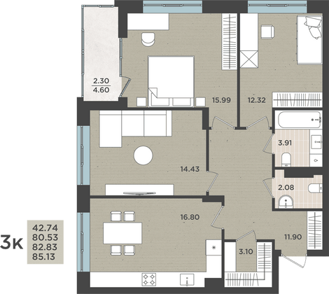 Продажа 3-комнатной квартиры 82,8 м², 3/8 этаж
