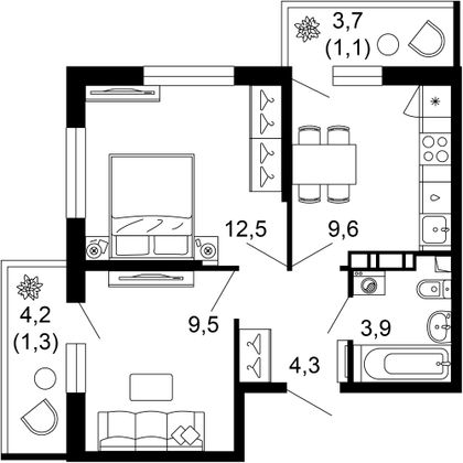 42,2 м², 2-комн. квартира, 6/12 этаж