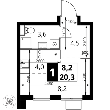 20,3 м², студия, 2/17 этаж