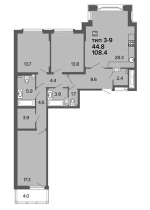 108,9 м², 4-комн. квартира, 4/8 этаж