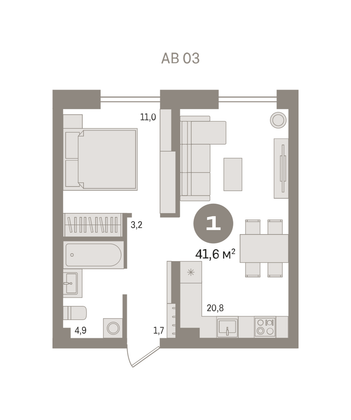 41,6 м², 1-комн. квартира, 2/16 этаж