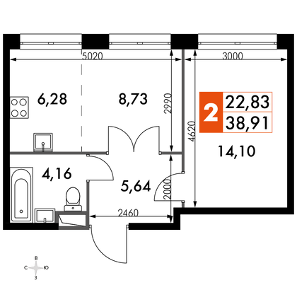 38,9 м², 2-комн. квартира, 1/15 этаж