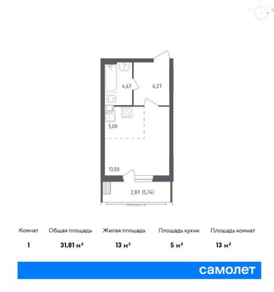 31,8 м², студия, 1/12 этаж