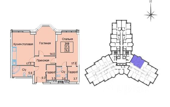 Продажа 3-комнатной квартиры 74,8 м², 12/25 этаж