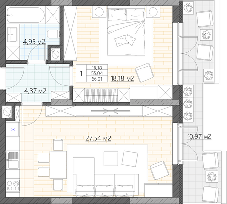 Продажа 1-комнатной квартиры 66 м², 3/5 этаж