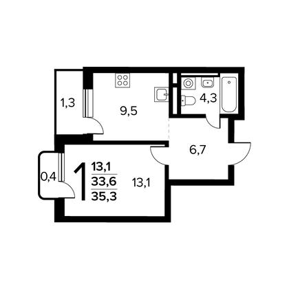 Продажа 1-комнатной квартиры 35,3 м², 6/14 этаж