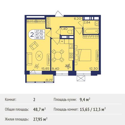 Продажа 2-комнатной квартиры 48,7 м², 21/21 этаж