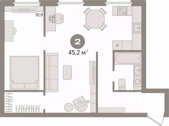 Продажа 2-комнатной квартиры 45,2 м², 1/5 этаж