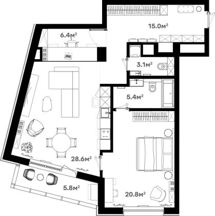 84,2 м², 2-комн. квартира, 4/20 этаж