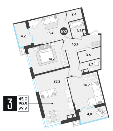 Продажа 3-комнатной квартиры 99,9 м², 12/18 этаж