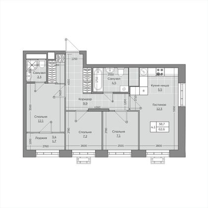 62,6 м², 4-комн. квартира, 12/25 этаж