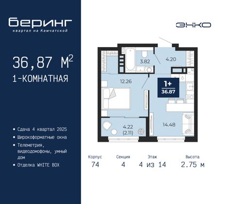 36,9 м², 1-комн. квартира, 4/14 этаж